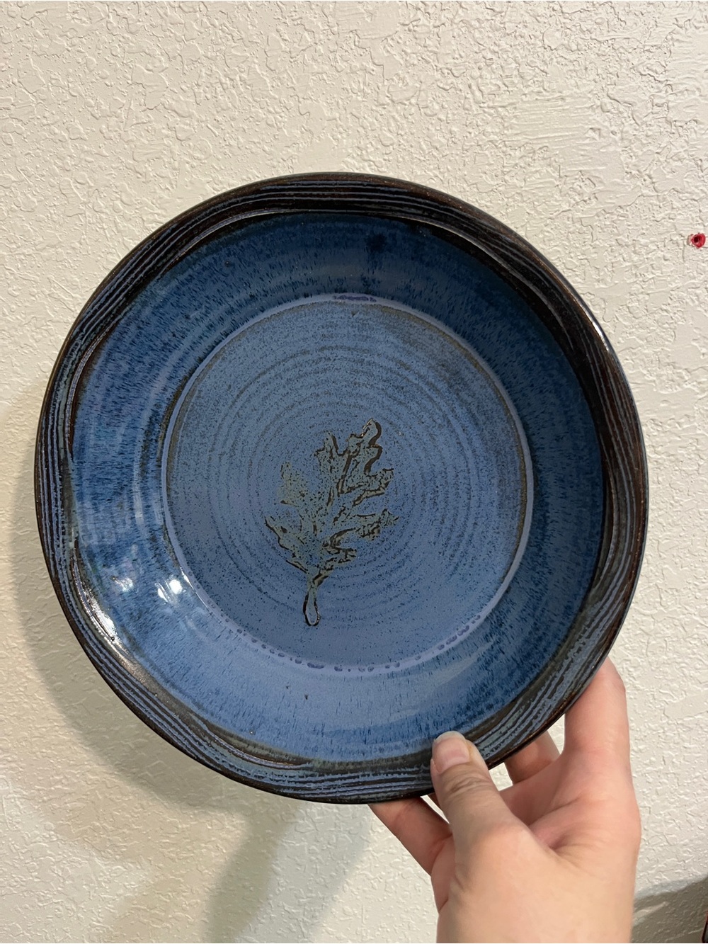 Teague Frogtown Pottery 9.5” Earth Blue Leaf Hand Thrown Pie Plate Dish